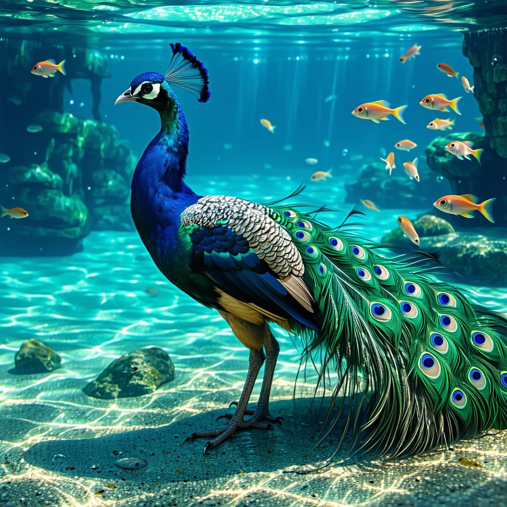 AI generated: A peacock swimming in crystal clear water, oil on its feathers glistening under the fresh water, sma...