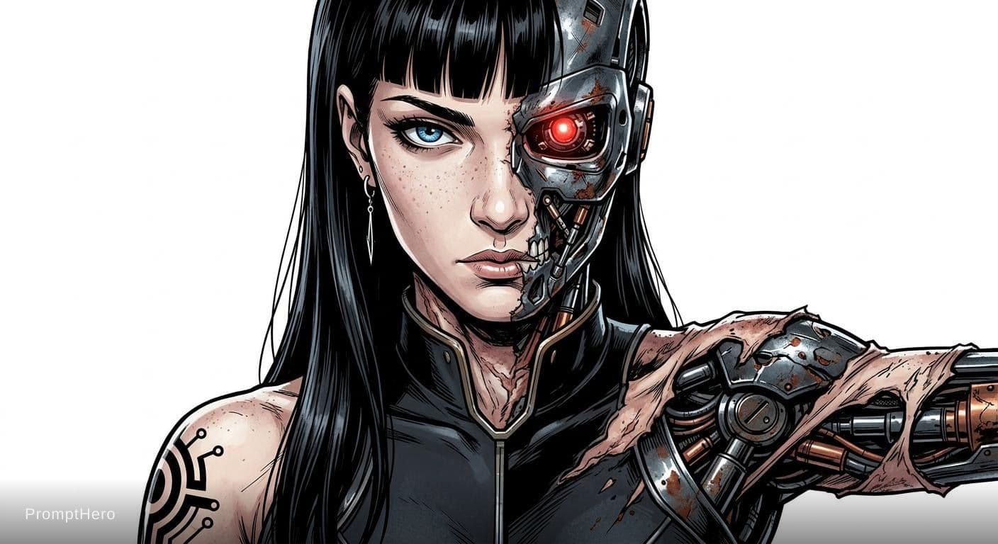 AI generated: A striking close-up portrait of a female cyborg with long, straight black hair and blunt bangs. Her ...