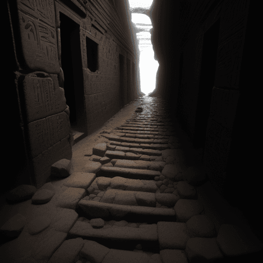 AI generated: a dimly lit narrow small dilapidated egyptian enclosed broken pathway above lava 