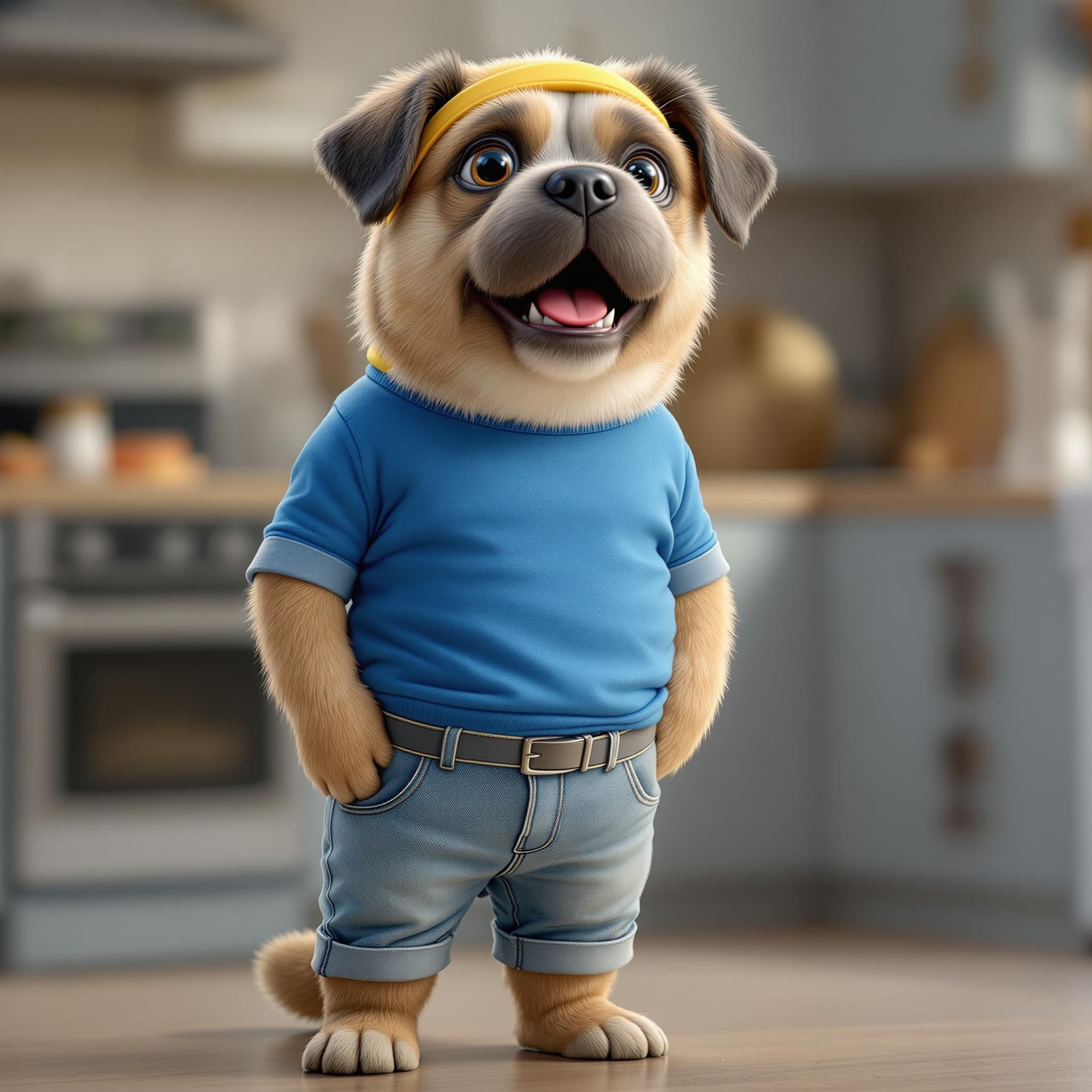 AI generated: A cute dog standing like a person, dressed in a blue t-shirt, jeans, and a, yellow headband, full bo...
