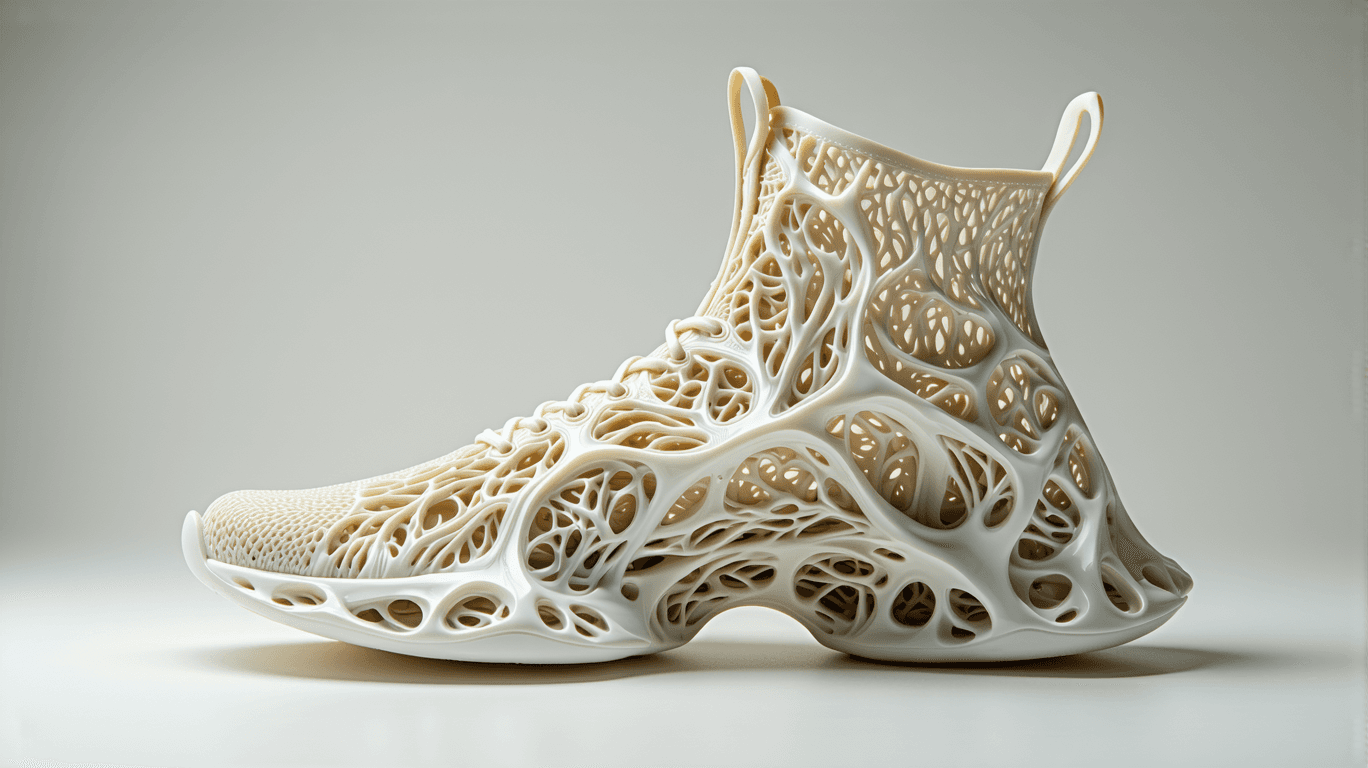AI generated: Close-up of a futuristic sneaker concept, ultra-aerodynamic organic design, resembling digital sculp...