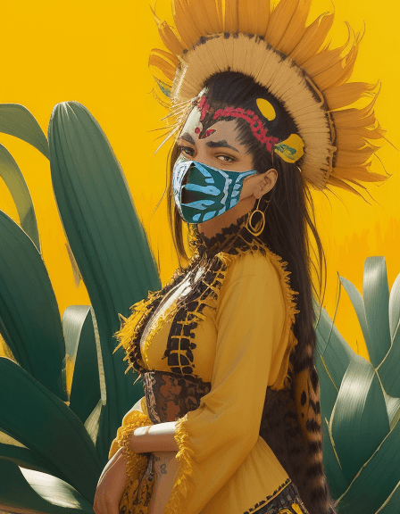AI generated: commercial illustration of a woman with a zoque mask of a jaguar, dressed in a frayed yellow maguey ...