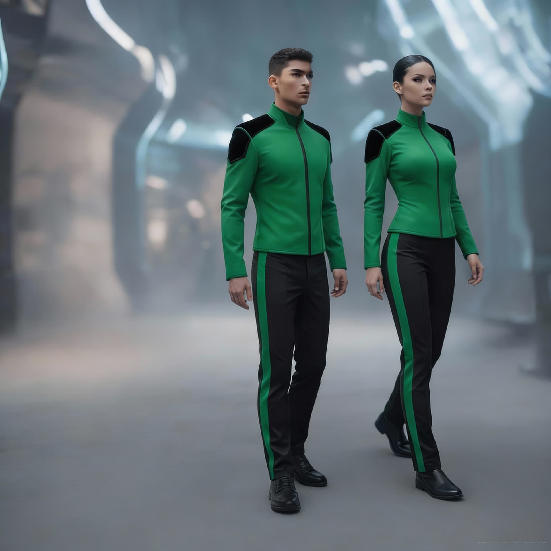 AI generated: Create matching Sci-Fi uniforms. Use the reference image 1, and turn all blue to green. Just show on...