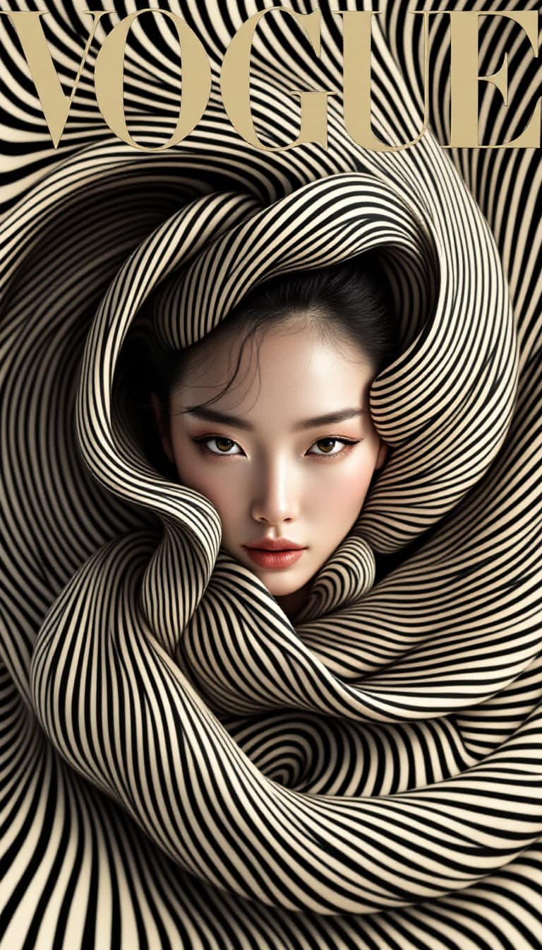 AI generated: VOGUE magazine cover featuring a mesmerizing chinese woman wrapped in a swirling vortex of stripes. ...