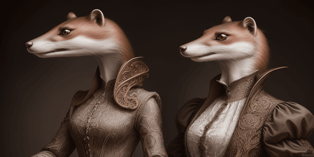 AI generated: Fashion photography, anthropomorphic weasel photo, 1900s renaissance clothing, fantasy, insanely det...