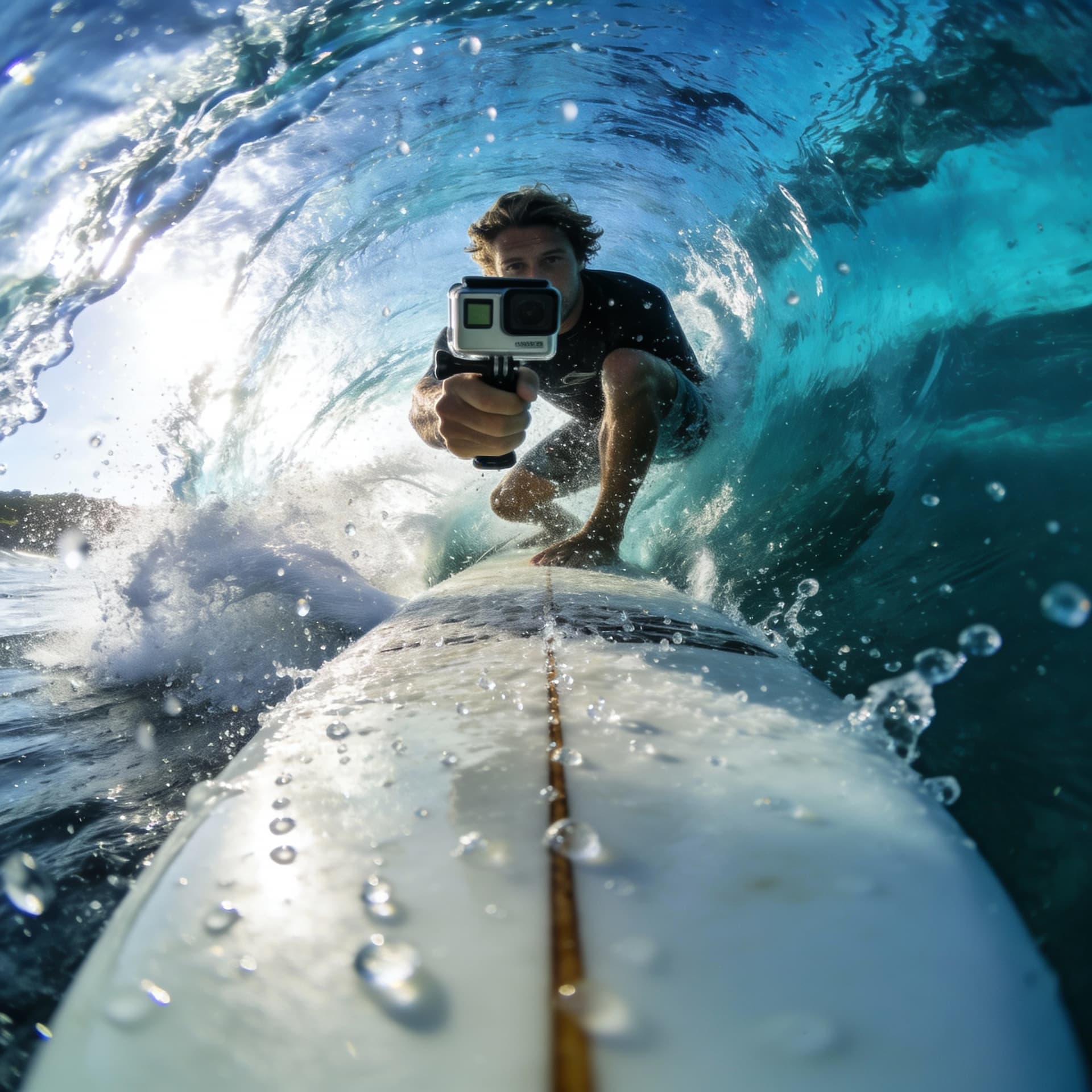 AI generated: Ultra-realistic action shot of a surfer riding inside a crystal-clear barrel while holding a GoPro p...