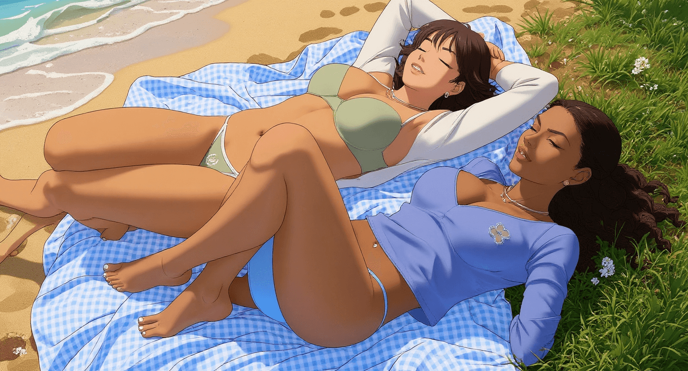 AI generated: two women lounging on the beach, in the style of Masamune Shirow