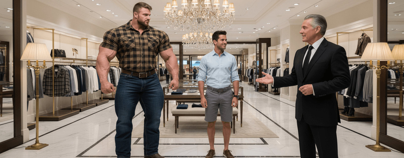 AI generated: At a very luxurious clothing department store. Chandelier and fancy floor lamps. 

The bodybuilder...