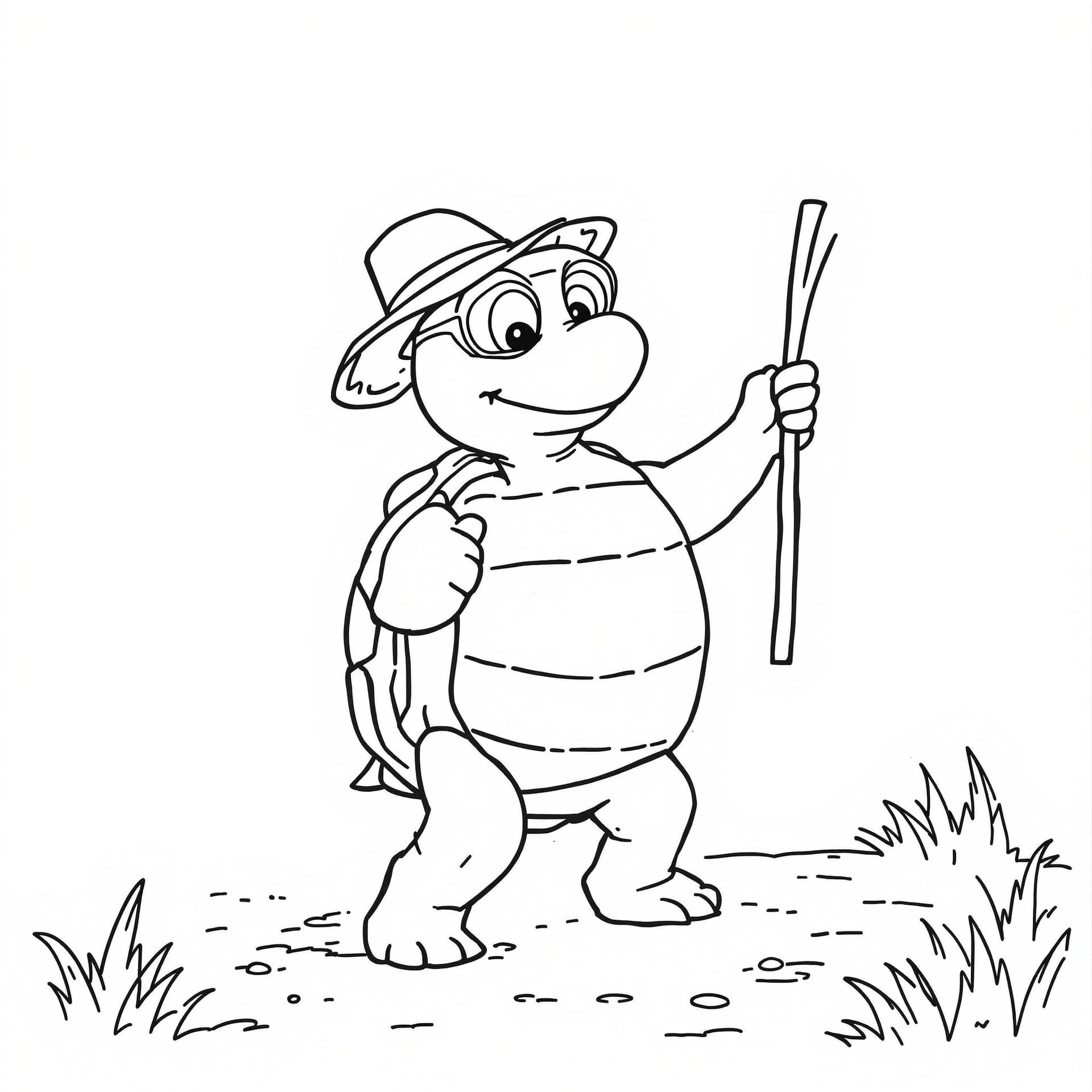 AI generated: Full background image from a blank coloring book showing a simple turtle dancing with a hat and a st...