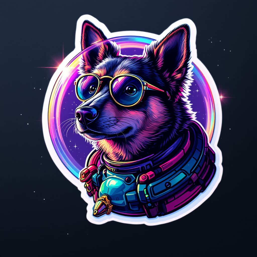 AI generated: Retro Space dog Sticker | holographic-style sticker featuring our adventurous space dog! transparent...