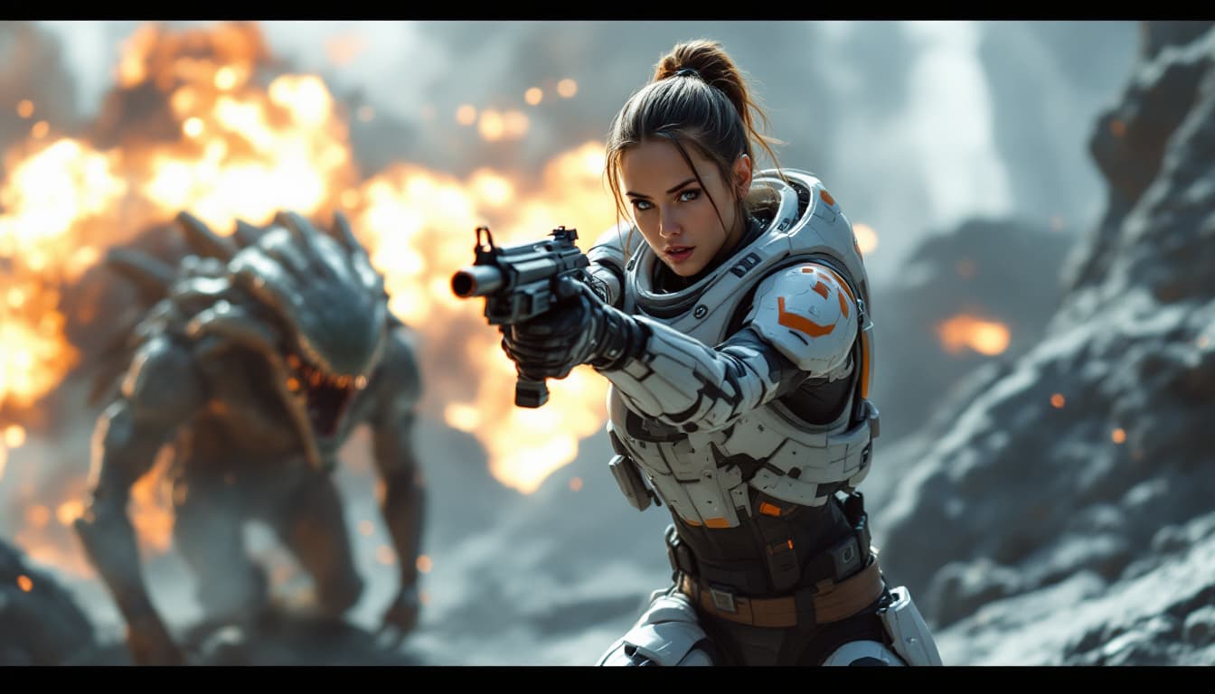 AI generated: A futuristic female soldier fighting wearing sci-fi battle armor in an alien warzone bright backgrou...