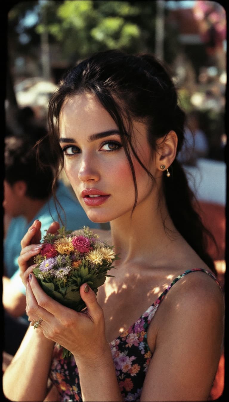 AI generated: 70's Polarized photo , Jennifer Connelly,ponytail hairstyle, feeling love.