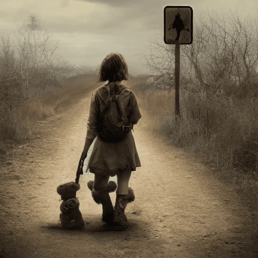 AI generated: post apocalyptic hellscape, girl walking carrying rifle and teddy bear