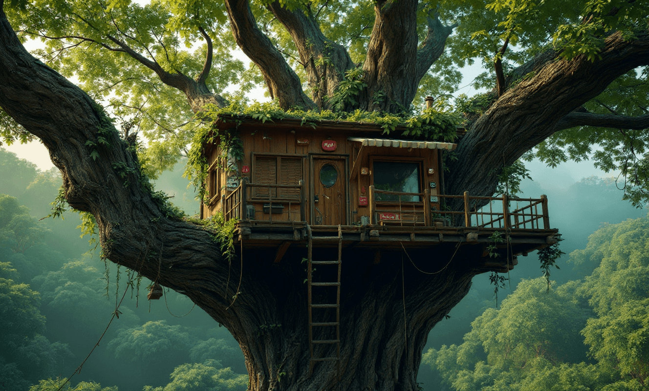 AI generated: An up close upshot from ground level lookin up at the treehouse on the tree from the image provided,...
