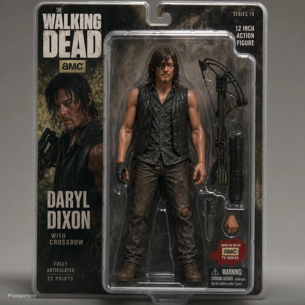AI generated: a hanging card, Available in individual packaging, Toys for adults,a action figure of daryl dixon fr...