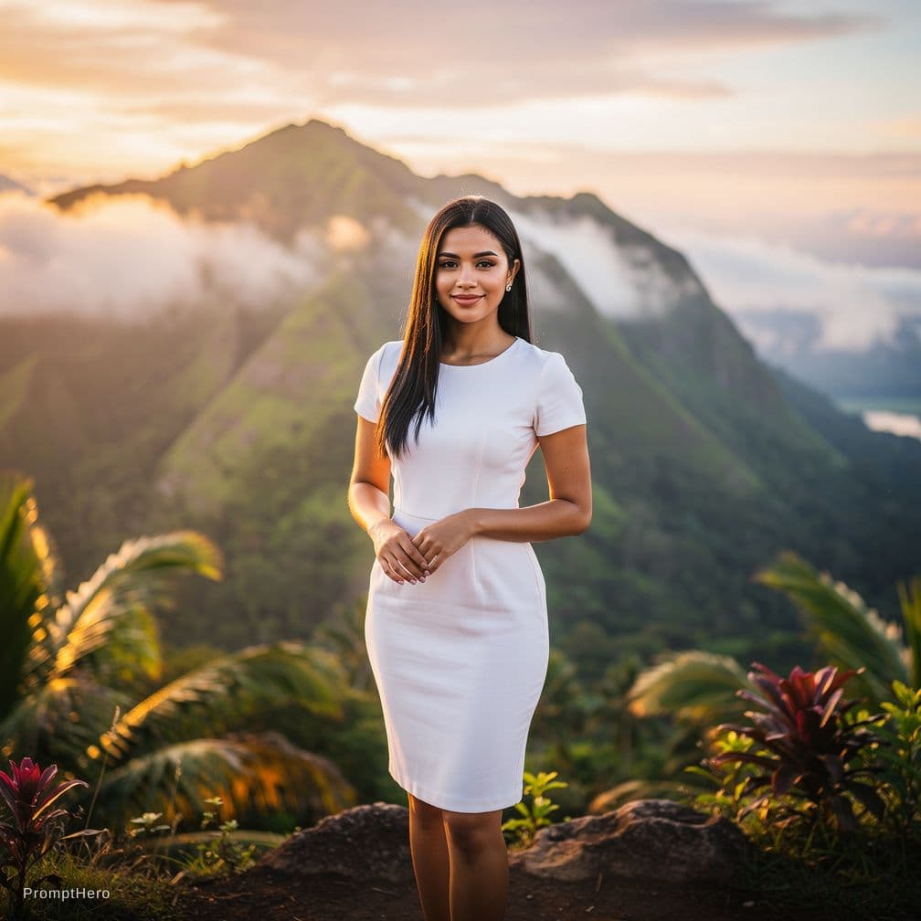 AI generated: a beautiful sunrise in mountain in tropical area. a beautiful sexy lady posing  facing camera, with ...