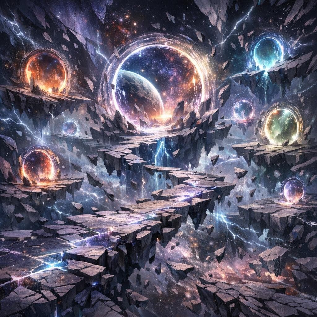 AI generated: Create a unique environment/Biome of a Teleportation → The Shattered Pathways (fractured space, port...