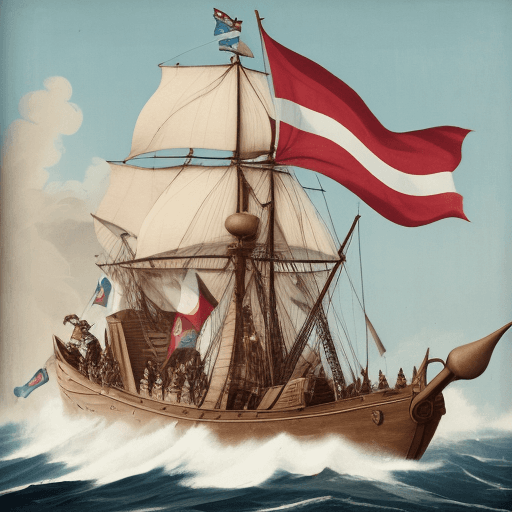 AI generated: a broad with a thumb up flag, cannons two sides with the crew on the sea