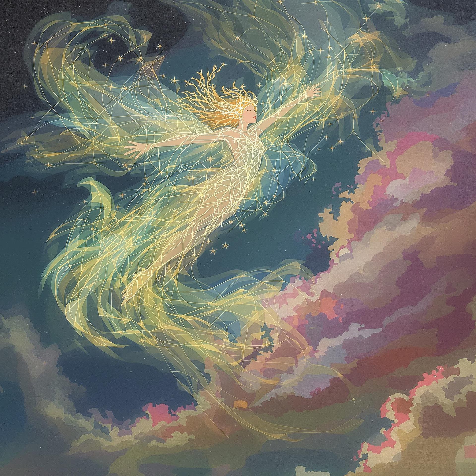 AI generated: A whimsical pixie, her form breaking into a series of interconnected lines that seem to flow and swi...