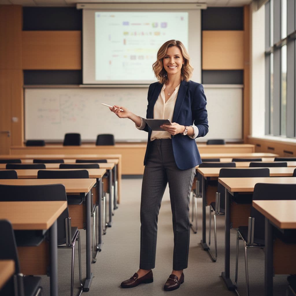 AI generated: female, full body shot of a beautiful Caucasian professor in a business casual attire