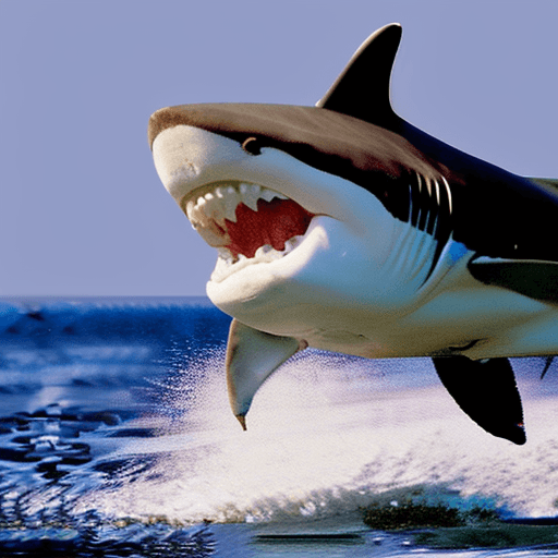 AI generated: photo of a happy shark jumping out of the water behind a boat wearing huge (dentures:1.9) with huge ...