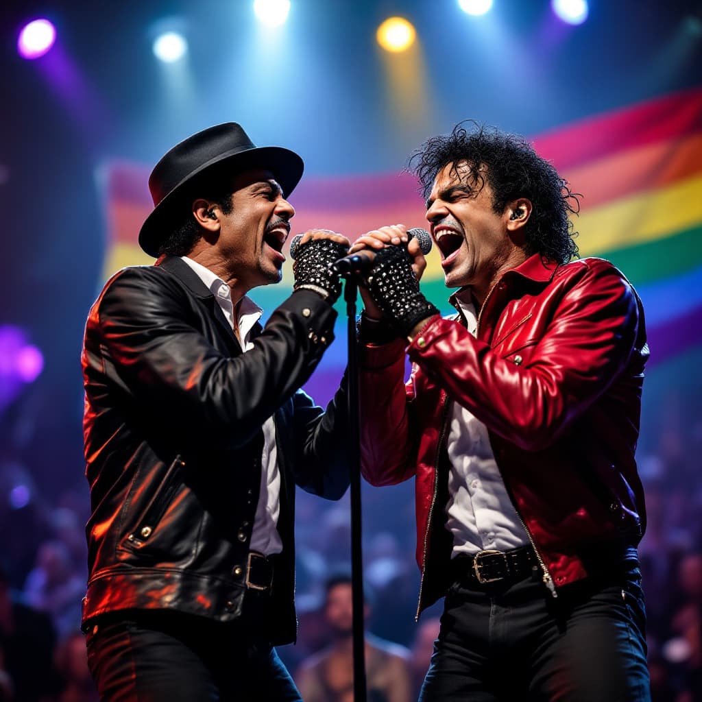 AI generated: Two young, slender male musicians resembling the youthful energy of Lionel Richie and Michael Jackso...