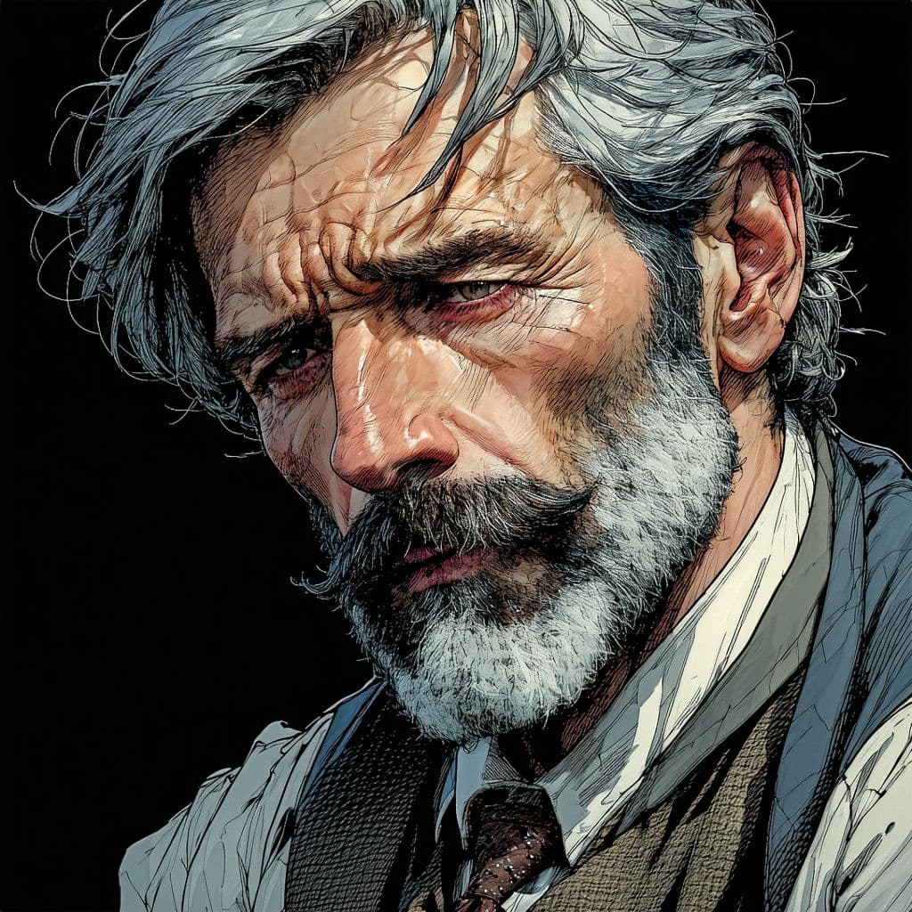 AI generated: "Digital illustration portrait of a middle-aged man with graying hair, a beard, and a mustache. His ...