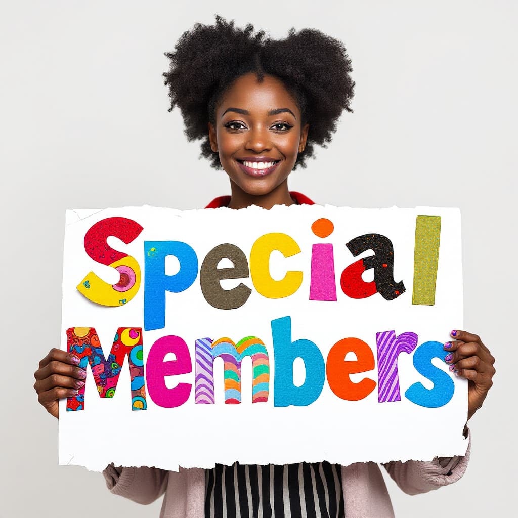 AI generated: full-body view Realistic African American Lady holding a sign that says " Special Members", each let...