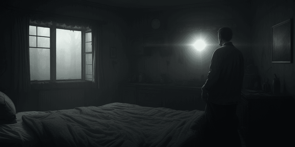 AI generated: A man wakes up in the morning and looks around with horror . cinematic, hyper realism, high detail, ...