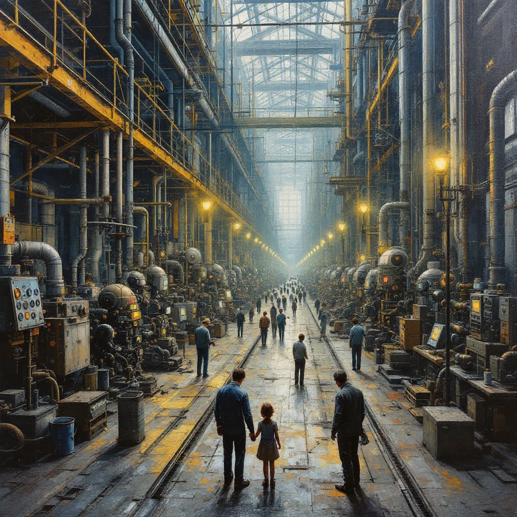 AI generated: detailed oil painting of the inside of an industrial REAL , with many pipes and machinery and five o...