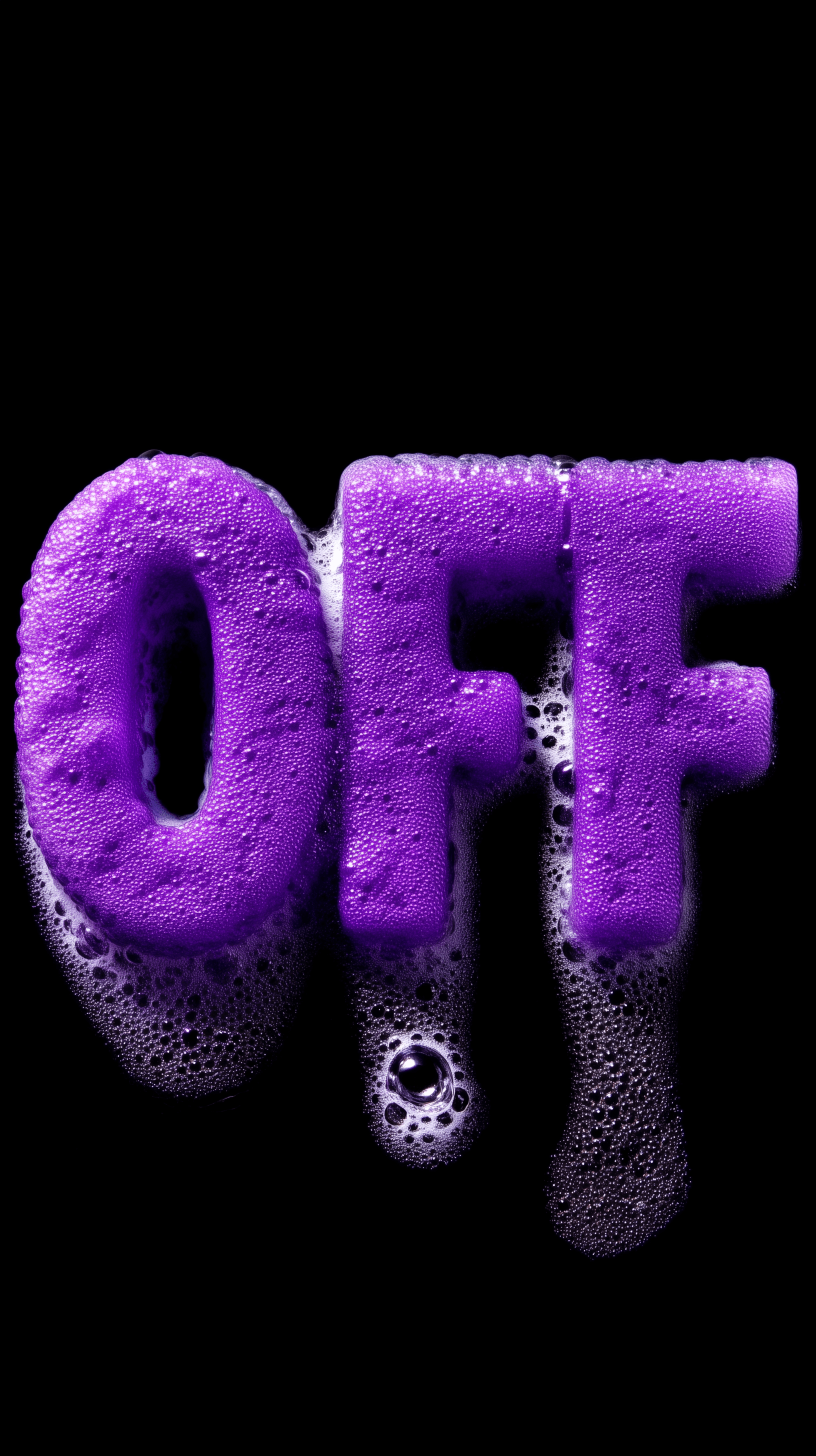 AI generated: macro experimental photography, flat-lay composition, lettering form of "OFF" made from deep purple ...