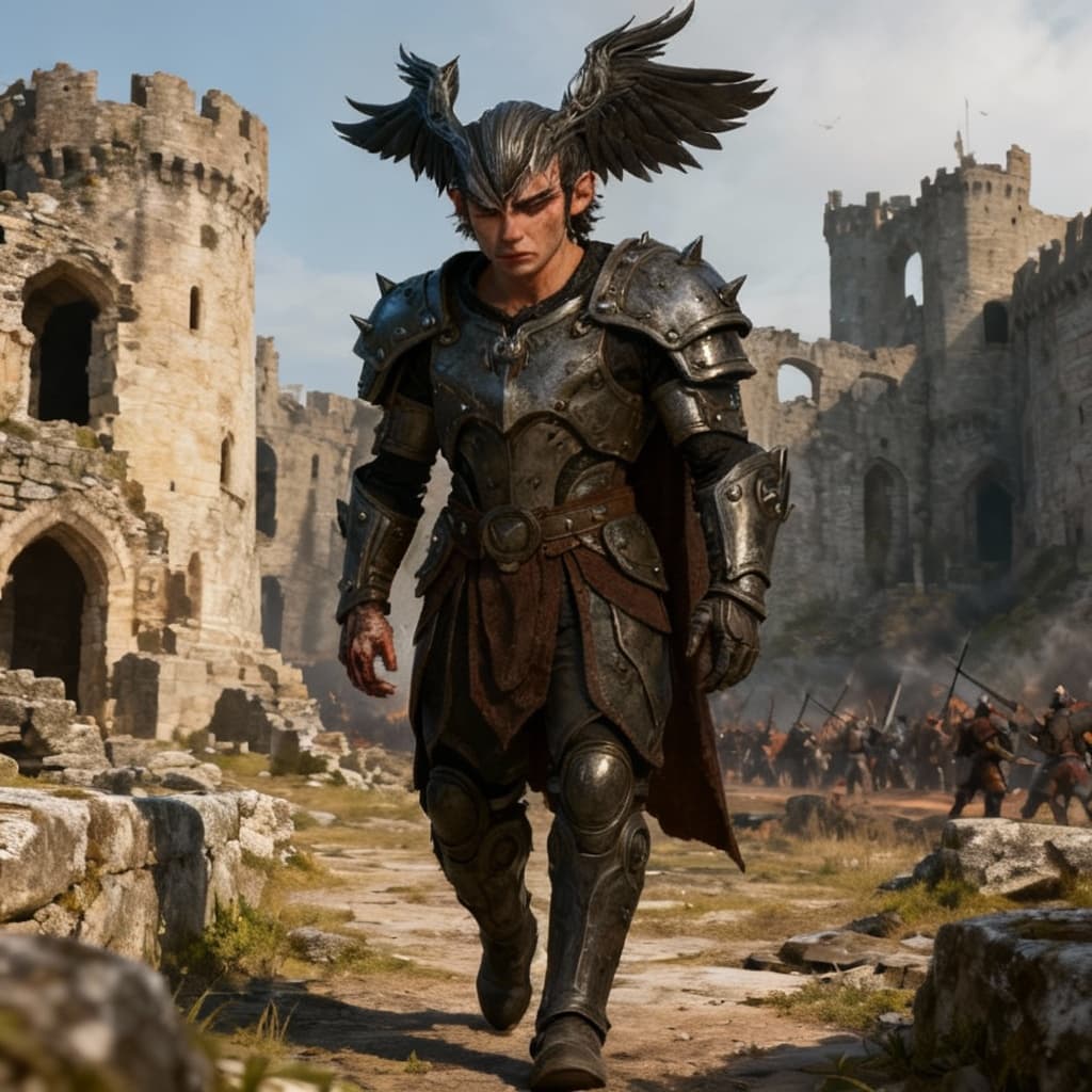 AI generated: He walks with some pain, the houses are ruins of ancient castles, in the distance you can see a war,