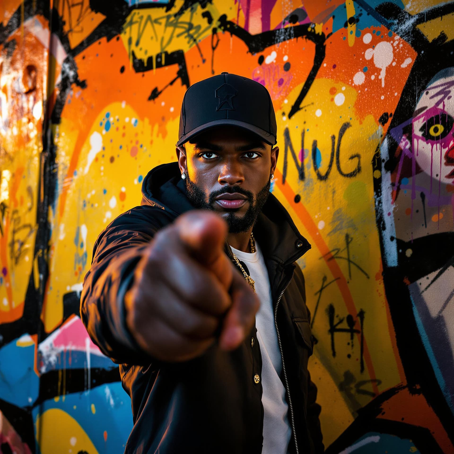 AI generated: A cinematic portrait of a confident man wearing a black baseball cap and a stylish urban jacket, poi...