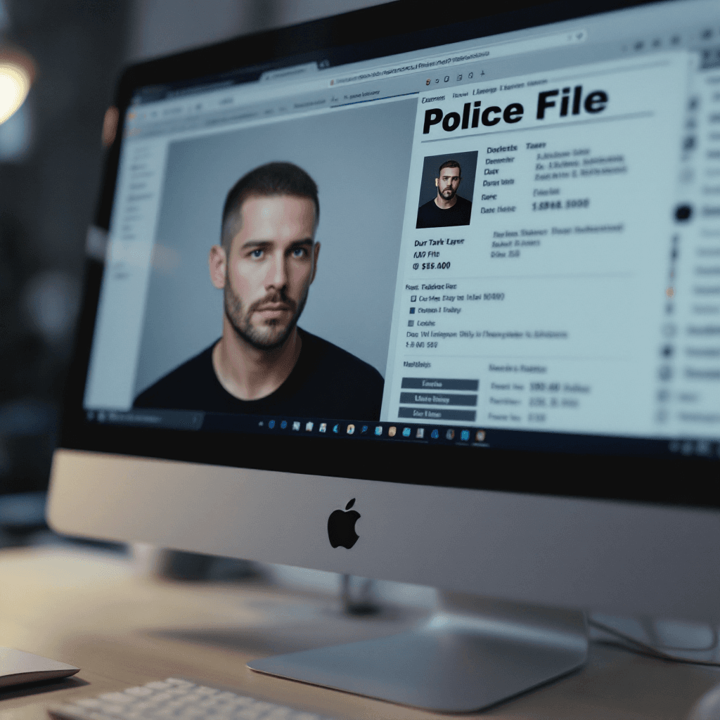 AI generated: Close-up of a grey iMac screen displaying a detailed police file of a a man with dark burst-taper ha...