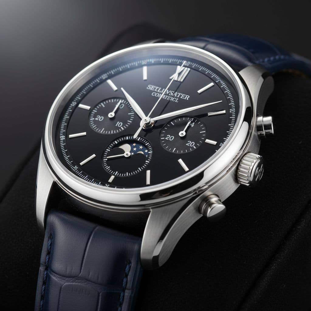 AI generated: Close-up einer luxuriösen Armbanduhr in edlem, dunklen Licht. Fokus auf den Sekundenzeiger, der über...
