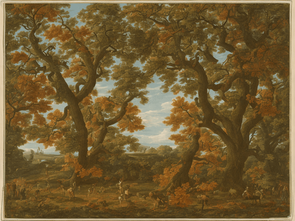 AI generated: A leafy oak on the left and a charm with autumnal colors on the right whose size would be slightly s...