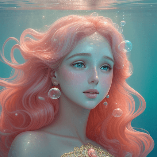AI generated: Hyper-realistic, French beauty face underwater with sparkling bubbles, medium length wavy golden hai...