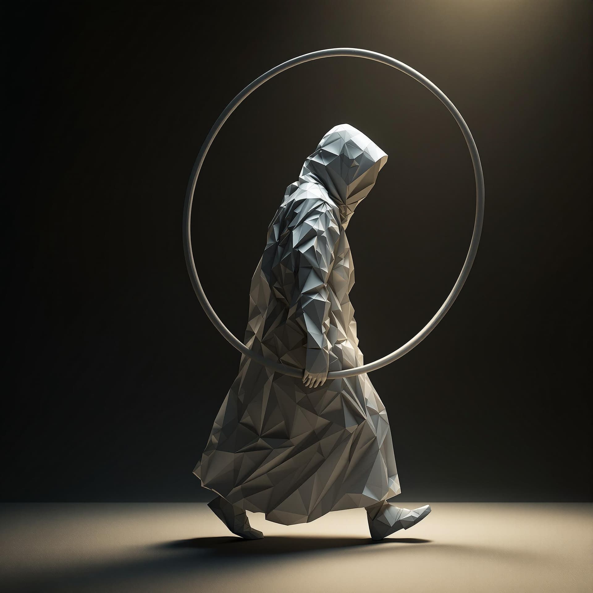 AI generated: High resolution A surreal paper sculpture of a hooded human figure, walking while carrying a large c...