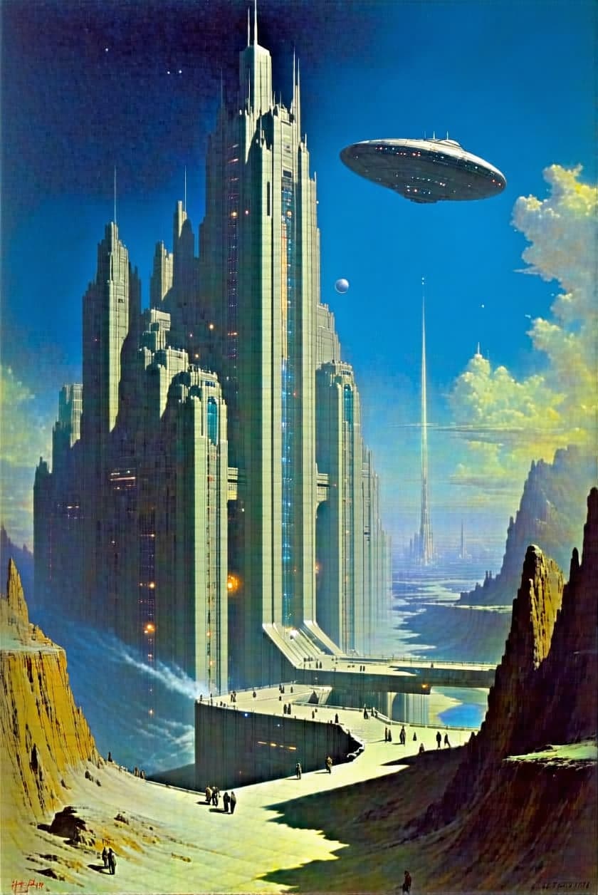 AI generated: 'une ville futuriste avec de grands immeubles et des vaisseaux spatiaux dans le style de Zdzisław Be...