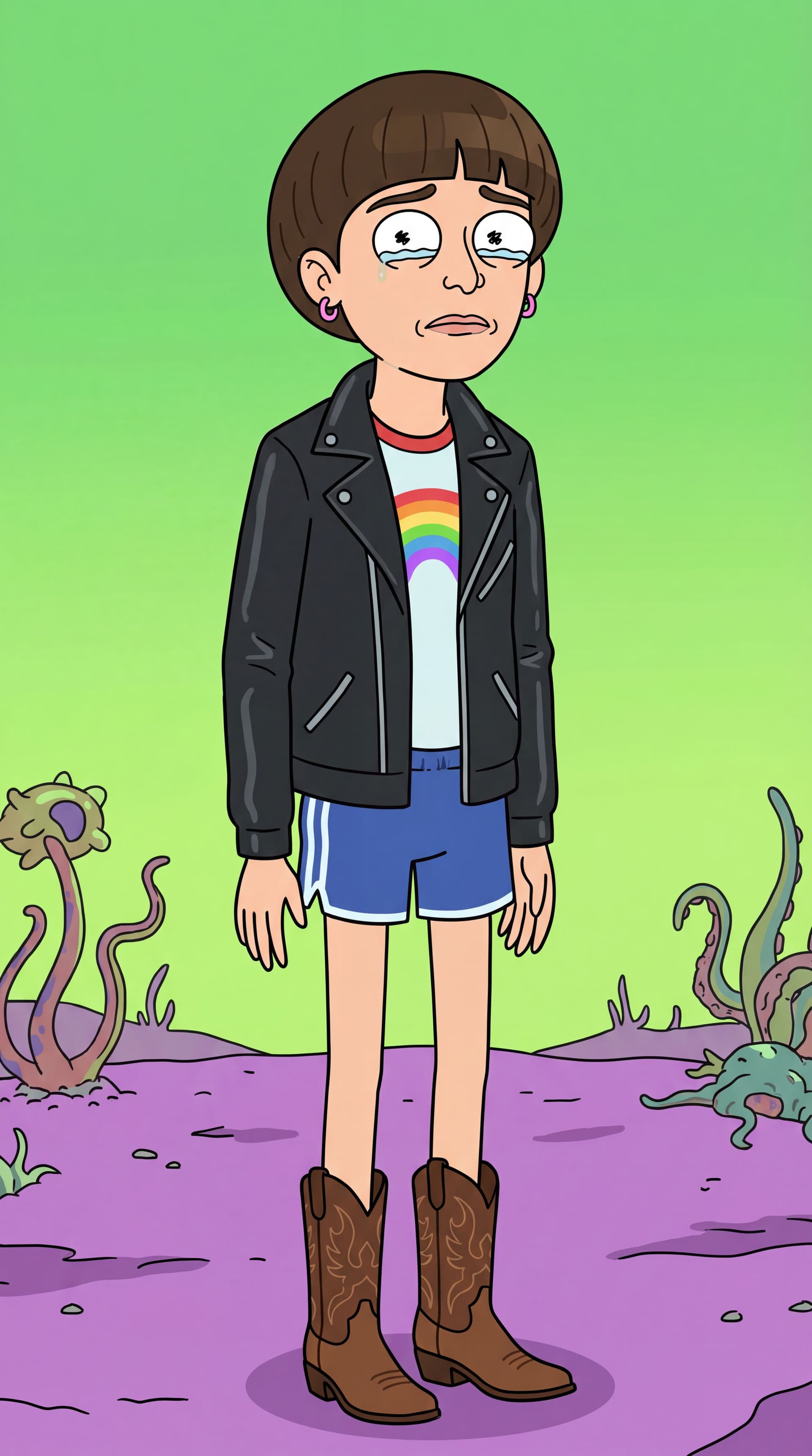AI generated: Generate full-body cartoon characters from Stranger Things Will Bayers in the iconic Rick and Morty ...