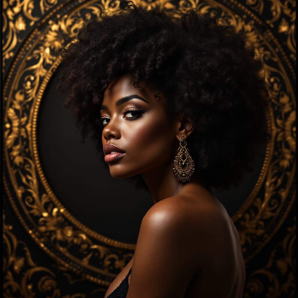 AI generated: A BEAUTIFUL AFRICAN AMERICAN LADY WITH A CURLY UPDO INSIDE AN ORNATE OGEE PATTERN FRAME OF GOLD AND ...