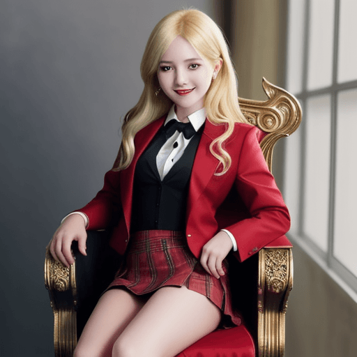 AI generated: A girl with red blazer and with shirt with black tie with blonde long hairs with short skirt sit on ...