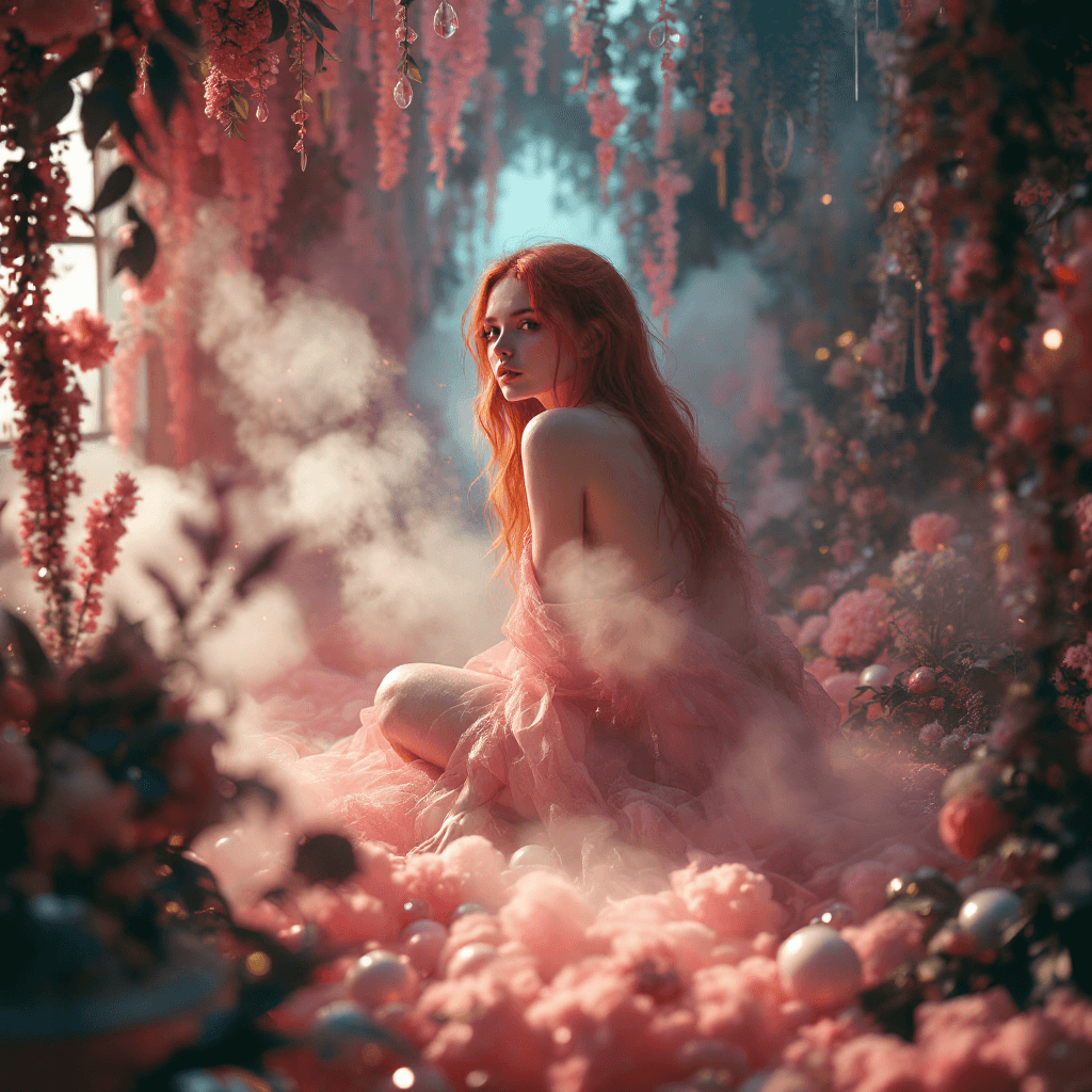 AI generated: young thin redhead in a ethereal full body pose immersed a surreal pastel  misty decadent environmen...