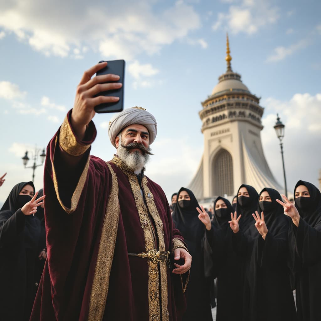 AI generated: “A humorous and surreal scene at Tehran’s Azadi Tower. Nasser al-Din Shah Qajar, the 19th-century Ir...