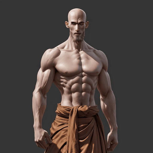 AI generated: Hyper realistic. Battle Monk. Very tall and lean physique. Half-light. Bald. 