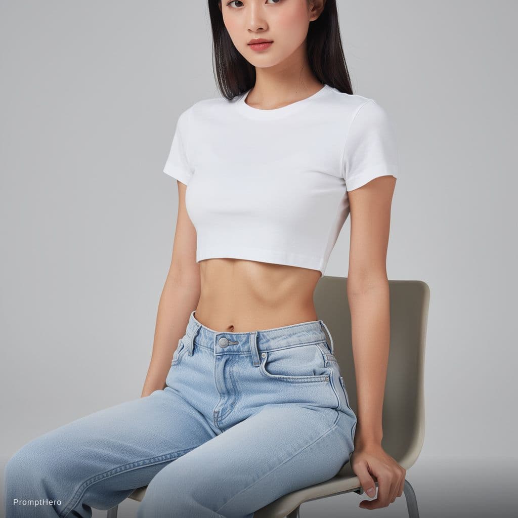 AI generated: A chinese woman sitting on a chair. She is looking directly into the camera. She is wearing a white ...