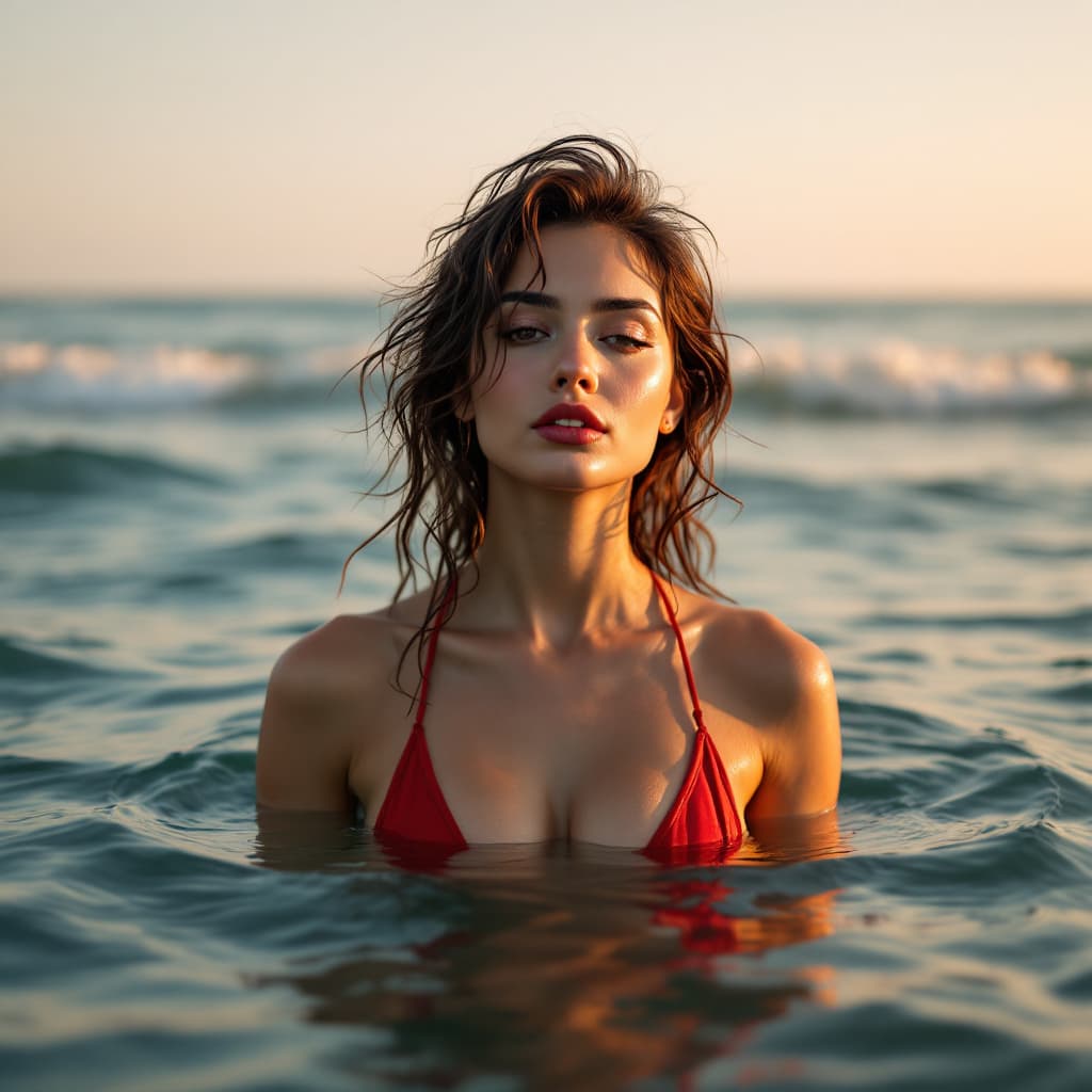 AI generated: a woman stands in the water, in the style of light beige and red, hustlewave, vacation dadcore, tagg...