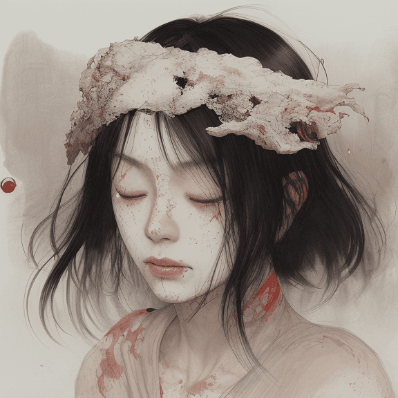 AI generated: a single Woman crying blood, artwork by Takato Yamamoto and Chika Yamada, minimalistic, face barely ...