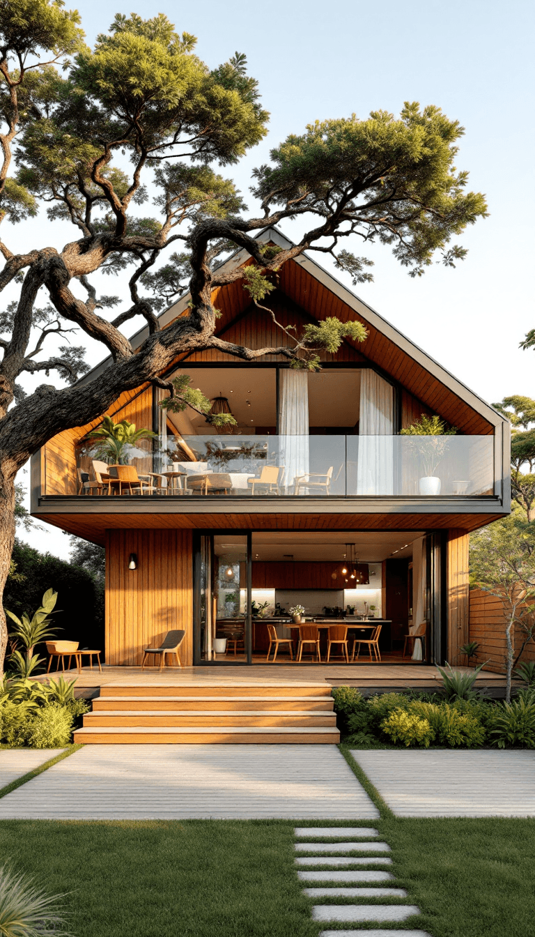 AI generated: A wide-angle shot of a two-story modern cottage house, with the second floor stretching across in wi...