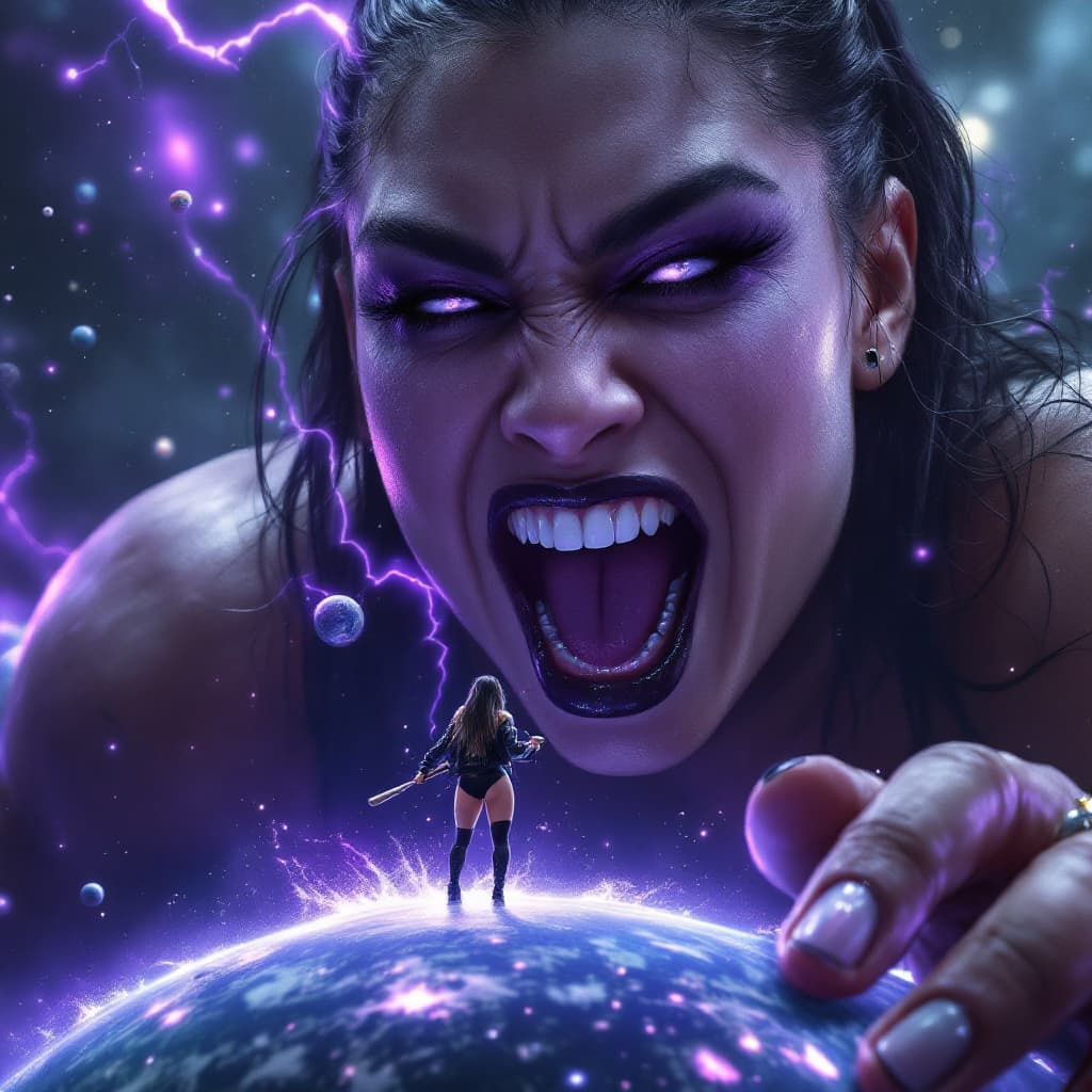 AI generated: enormous giantess Rhea Ripley  from WWE
bigger than a galaxy floating in space, minuscule planets in...